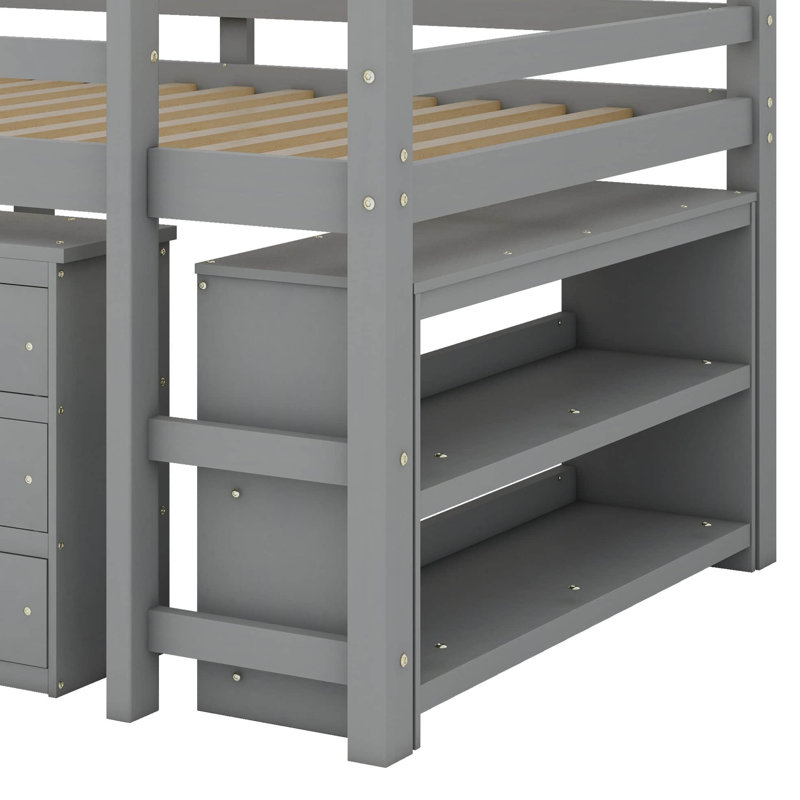 Lit mezzanine à profil bas avec armoires, tablettes et bureau roulant, Gris