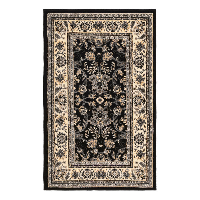 Tapis noir à motif floral Hanan, Black, Rectangle 3'1" x 5'3"