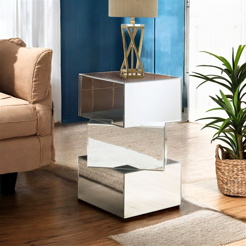 Table de bout Inverno - Conception géométrique élégante avec plateau en verre trempé transparent de 4 mm et base en miroir