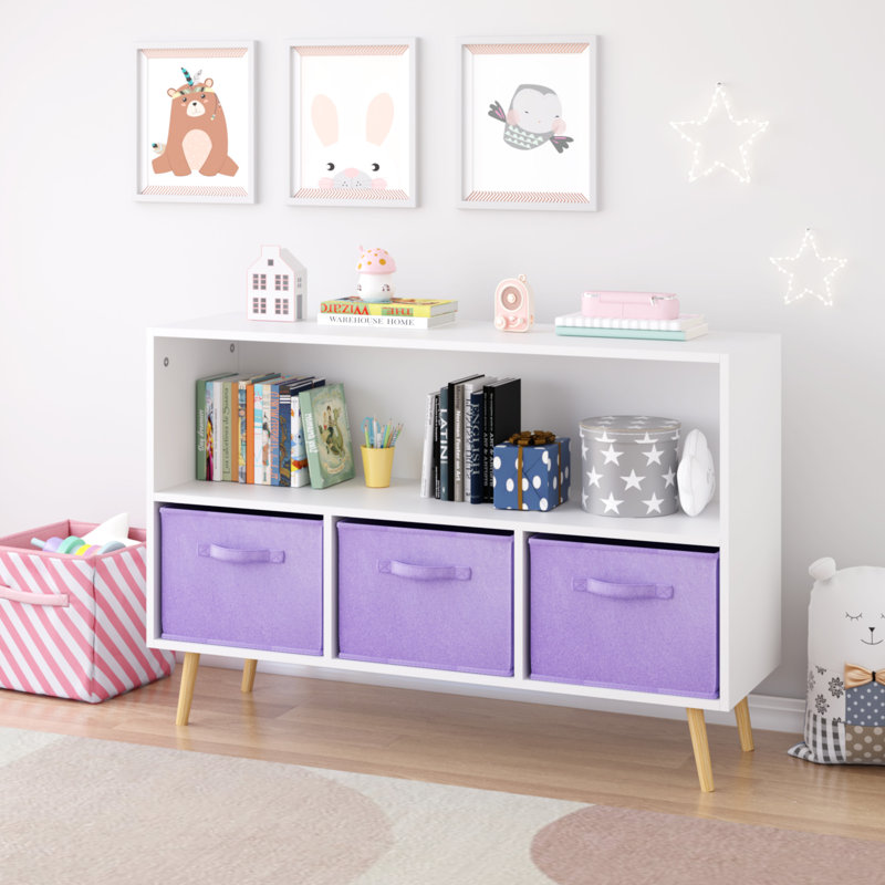 Bibliothèque pour enfants avec tiroirs pliables en tissu, Blanc/mauve