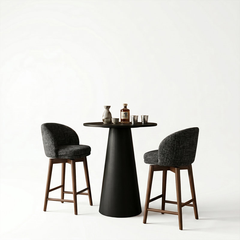 Modern 30" Round Counter Height Dining Set with 2 Upholstered Swivel Counter Stools, Black/Brown