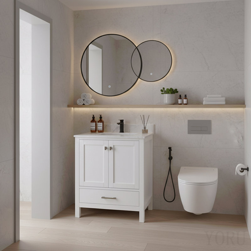 Meuble-lavabo de 30 po avec cadre en bois massif et comptoir de meuble-lavabo autoportant avec lavabo blanc
