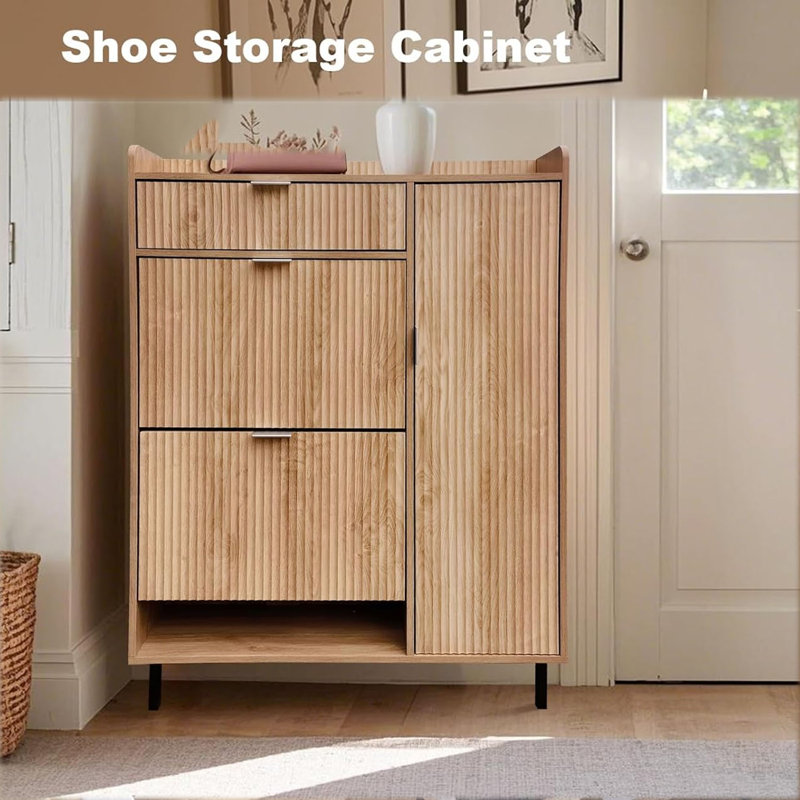 Armoire à chaussures cachée étroite avec 2 tiroirs rabattables et 1 armoire latérale