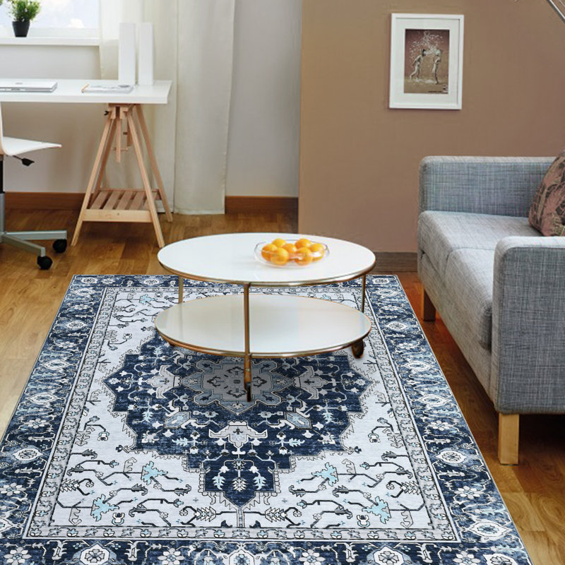 Washable Boho Vintage Distressed Area Rug, Low Pile Non Slip Foldable Printed Indoor Carpet, Belgian Velvet, Dark Blue Tone, 4'x6'