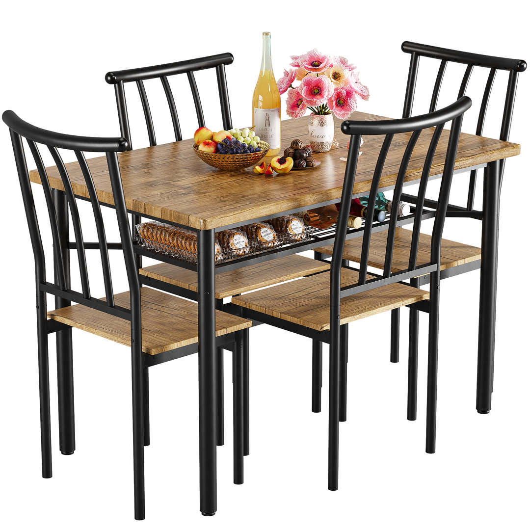 Space-saving 5-piece dining set for 4 people – Rectangular dining table with storage shelf – Metal & wood – For kitchen, dining room or apartment – ??