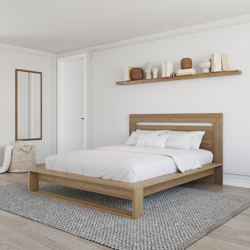 Morgan Queen Size Slatted Bedframe with Headboard, Natural Blonde Oak, Brun