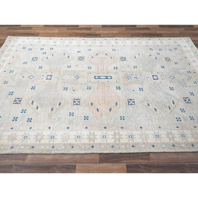 Tapis oriental gris noué à la main 5 pi 10 po x 9 pi 1 po en laine pure, à nœuds turcs, à poils courts, sans velours, de style village anatolien