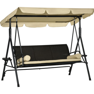 3 - Seat Canopy Swing Chair With Removable Cushion, Pillows, And Adjustable Shade For Outdoor Porch, Garden, Poolside, Backyard 704 Lbs Capacity, 52" Seat, 45 Adjustment, Cup Holders, Trays, Pe ,