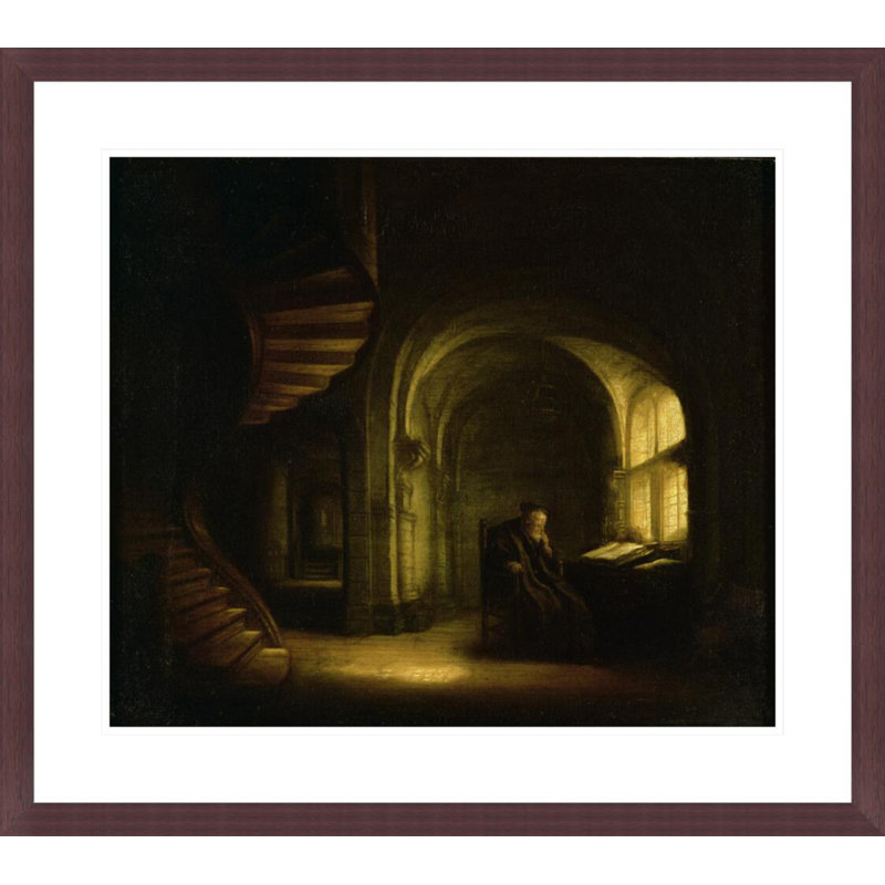 Philosophile avec un livre ouvert par Rembrandt van Rijn - Estampe numérique encadrée, H 23,5 po x l 26,34 po