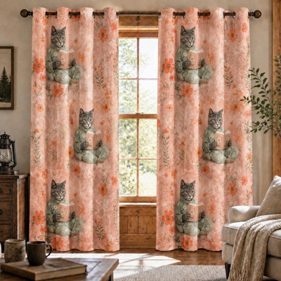 2 pièces de rideaux à motif de lecture de chat mignon, art littéral fantaisiste imprimé à anneaux, pare-soleil décoratif et isolant thermique pour le salon pour la maison