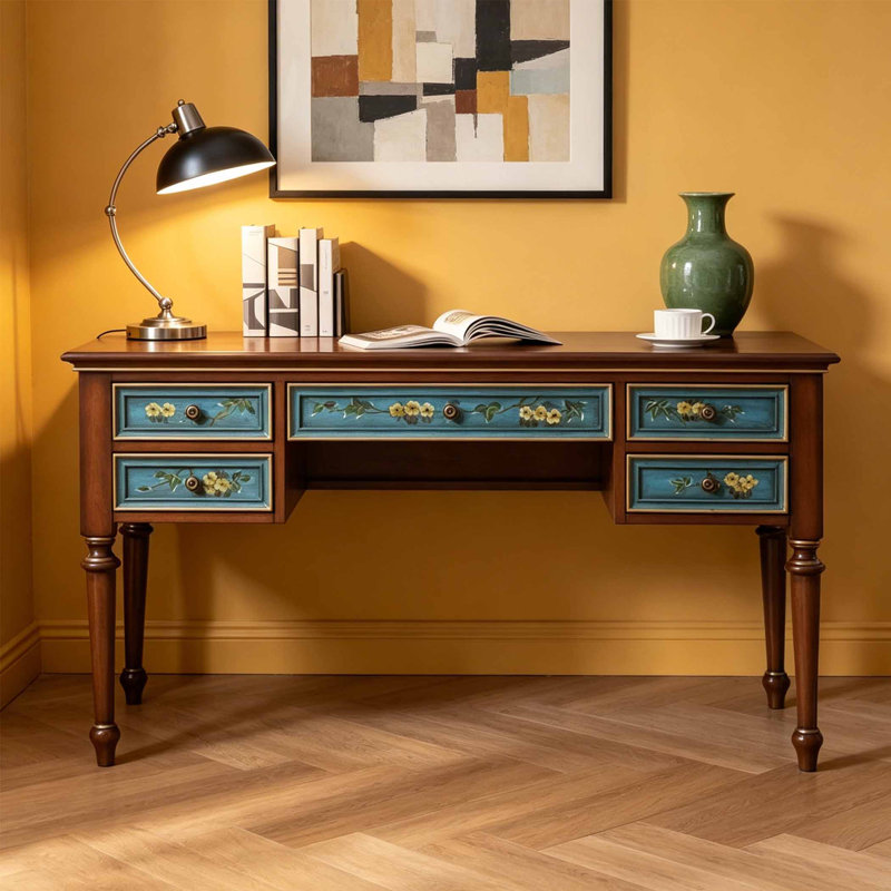 Bureau de style européen peint rétro, Blue/Brown, 29.53" H x 55.12" W x 23.62" D