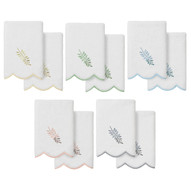  100% Turkish Cotton FERN TOSS Scallop 2PC Embellished Fingertip Towel Set, White/Green, Fingertip Towel - 2 Pack