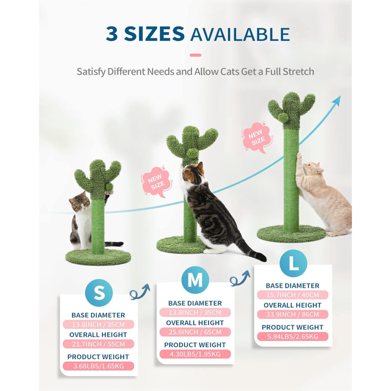 Grattoir pour chat, grattoir pour chat Cactus avec corde en sisal pour griffoir pour chats d'intérieur, arbre à chat vertical vert avec boule pendante pour chat