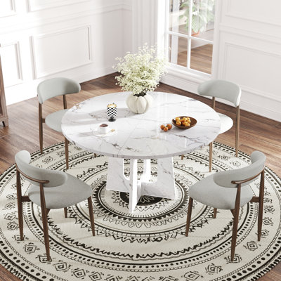 47" Round Dining Table Set for 4-6, Modern Kitchen Table with Upholstered Linen Fabric Chairs, Dining Set for Dining Room, Kitchen, Apartment, Small Space, Breakfast Nook, Restaurant