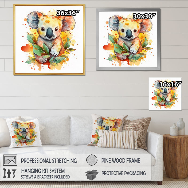 Adorable bébé koala sur toile, Cadre flottant doré, 16" H x 16" W