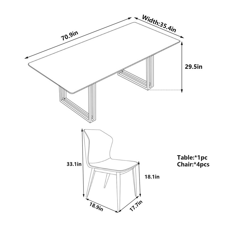 Modern Rectangular Marble Dining Table, 29.5"H x 70.9"L x 35.4"W
