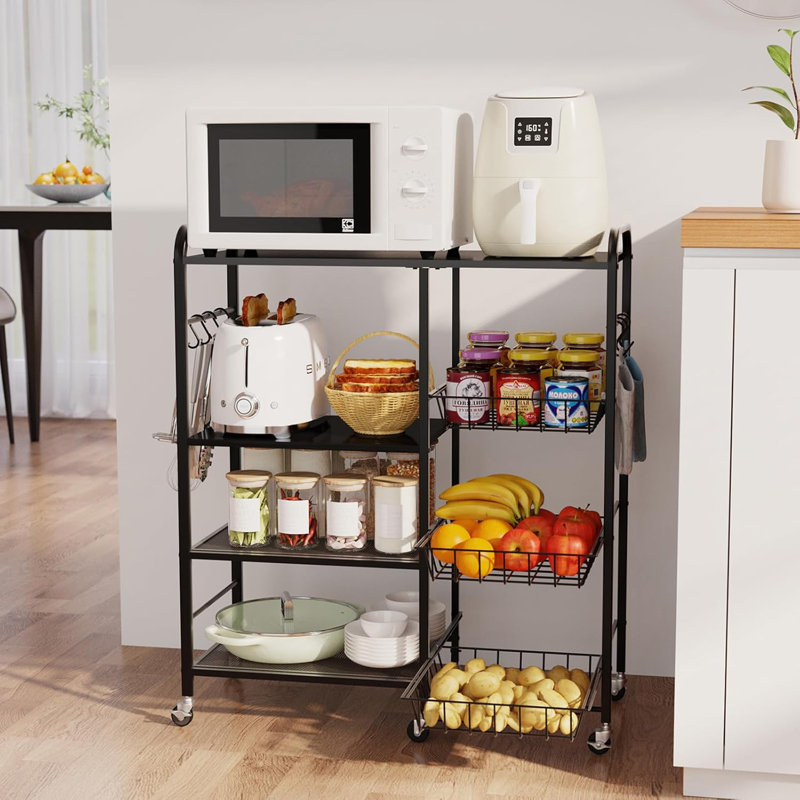 Chariot à micro-ondes à roulettes pour la cuisine avec paniers coulissants, étagère de rangement à 4 niveaux avec roulettes pour le bar du salon