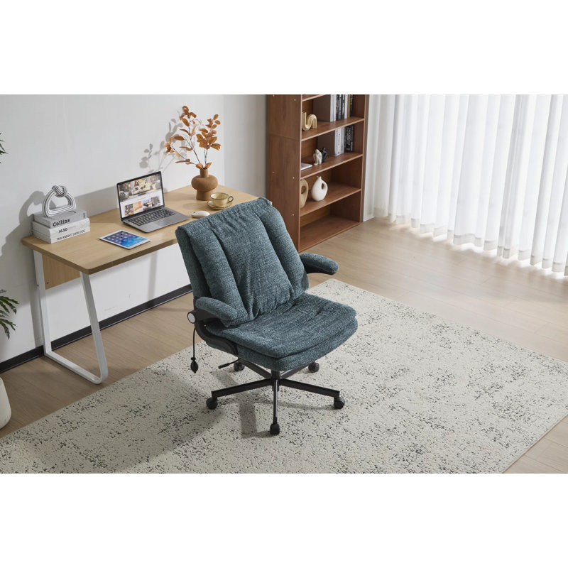 Leather Swivel Office Chair With Flip-up Armrests & Criss-cross Seat, Ergonomic Wide Seat Desk Chair With Wheels – Adjustable Rolling Chair For Home Office, Vanity, And Lounge