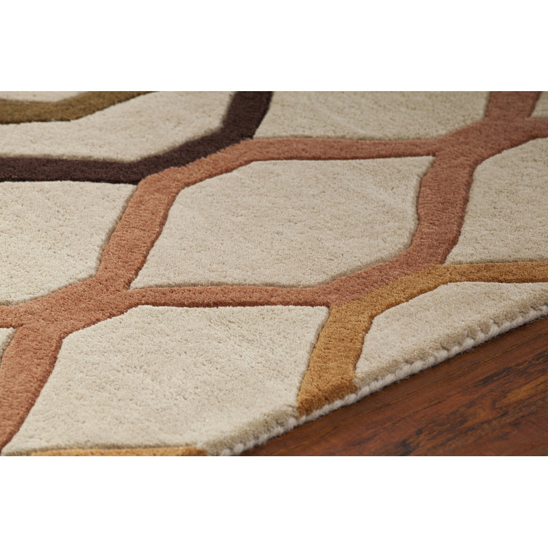 Tapis géométrique en laine touffeté à la main vert, bleu, noir, orange, brun et brun clair Rowe, 5 pi x 7 pi 6 po