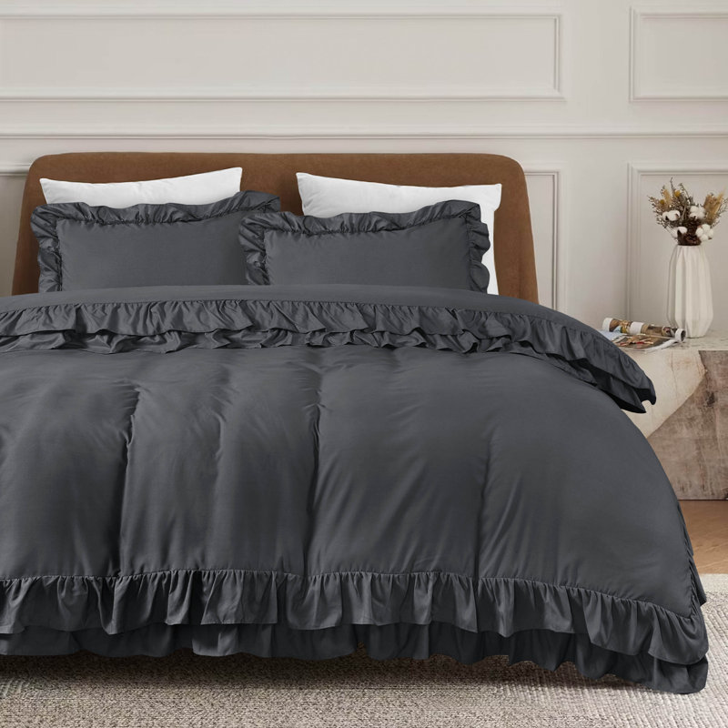 DUVET FRILL Microfiber Solid Colour Duvet Cover with Pillowcases, Black, Single Duvet Cover + 1 Standard Pillowcase