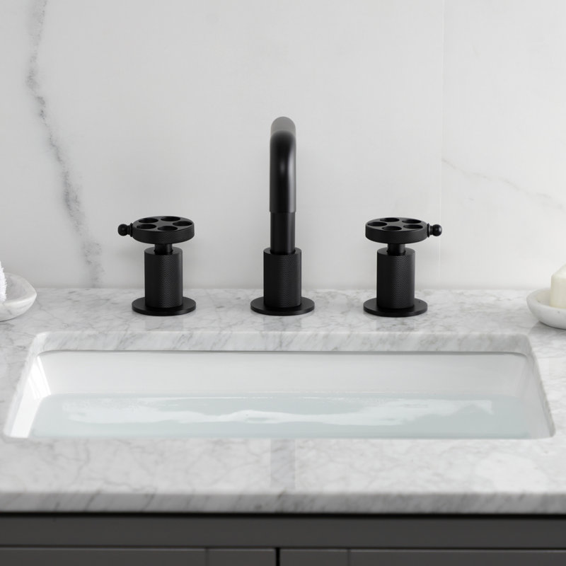 Kingston Brass Wendell Two-Handle 3-Hole Deck Mount Widespread Bathroom Faucet with Knurled Handle and Push Pop-Up Drain