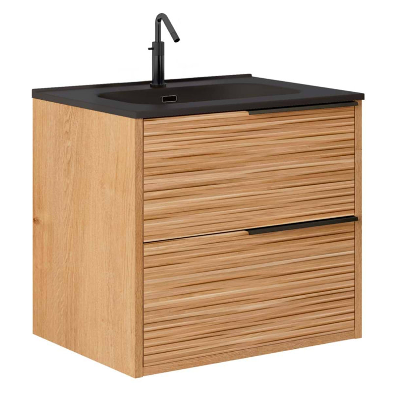 Kora 32" Bamboo Faux Finish Wall-Mounted Single Bathroom Vanity with Integrated Ceramic Top & Handles, Black, 24"