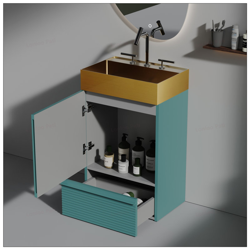 Meuble-lavabo à rayures 20 po avec lavabo et tiroir en acier inoxydable, Vert, Doré