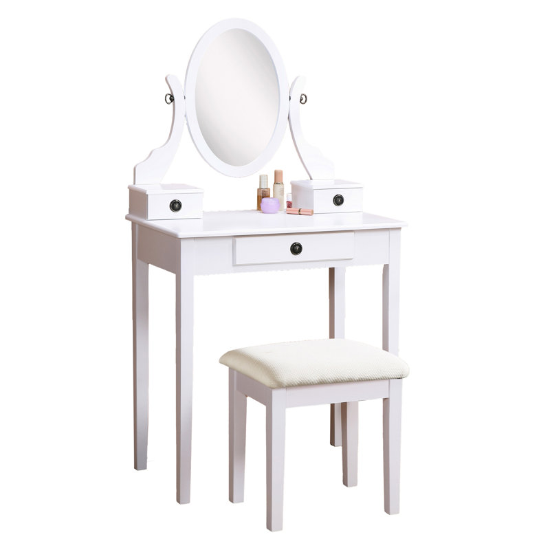 Elegant White Wooden Dressing Desk And Padded Stool With 3 Storage Drawers Adjustable Mirror Wood Vanity Table Combination