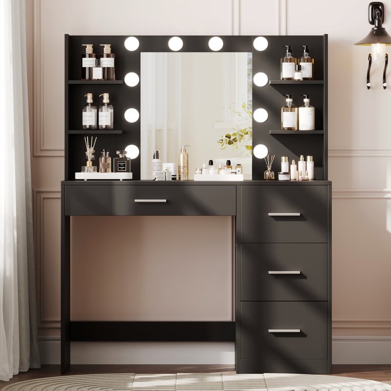 Coiffeuse de maquillage Balceta avec lumières et miroir, tablettes de rangement ouvertes, Noir