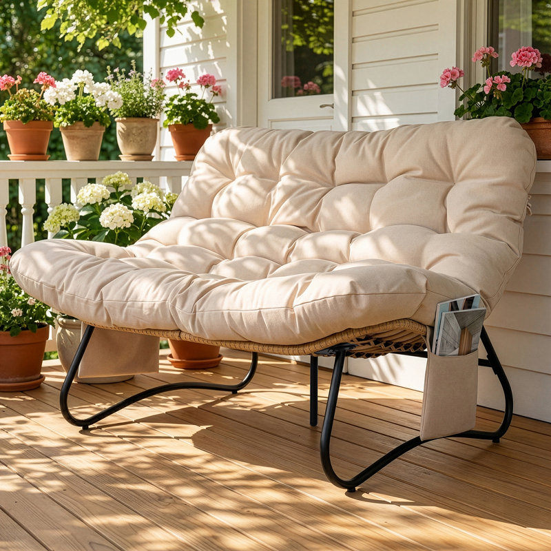 Oversized Double-Person Papasan Loveseat With Side Pockets, Beige
