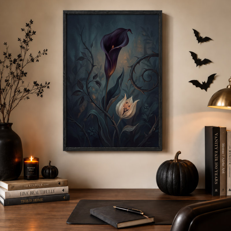 Lys calla violet foncé et vignes épineuses dans une toile murale d'Halloween sombre, 48"H x 36"W