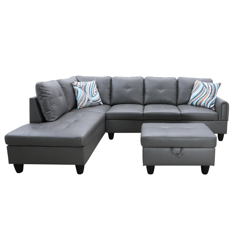 Jayzen 3 - Piece Vegan Sectional, Left Hand Facing, Black, Dark Gray Faux Leather