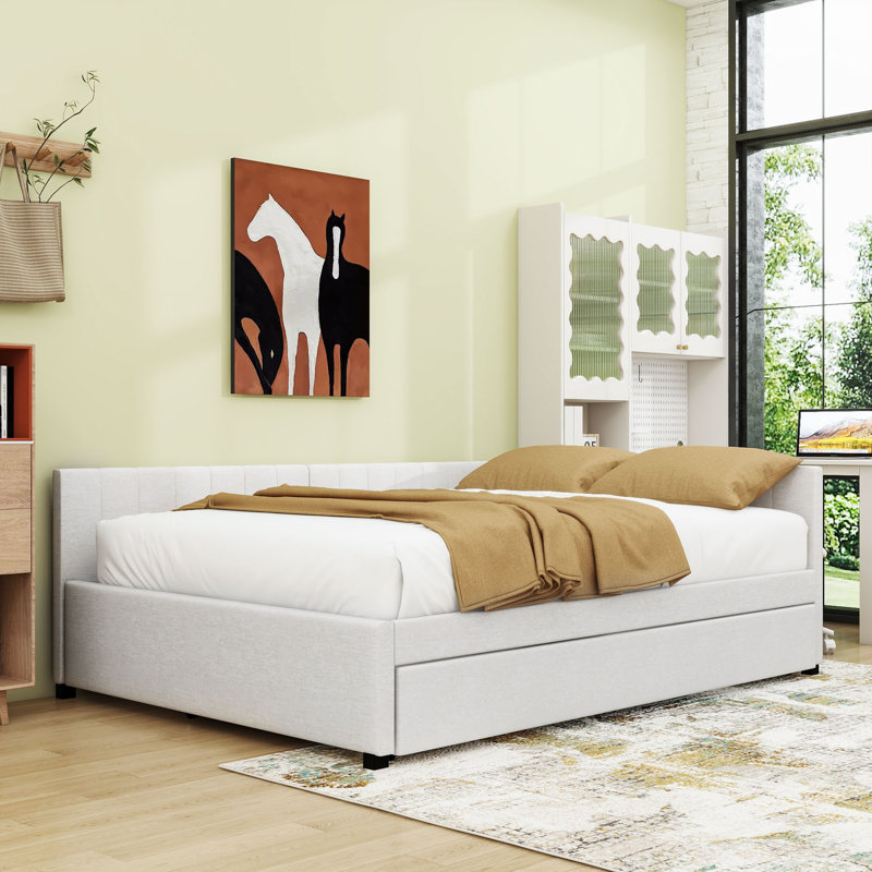 Modern Upholstered Daybed with Twin Trundle, Full / Double, Beige