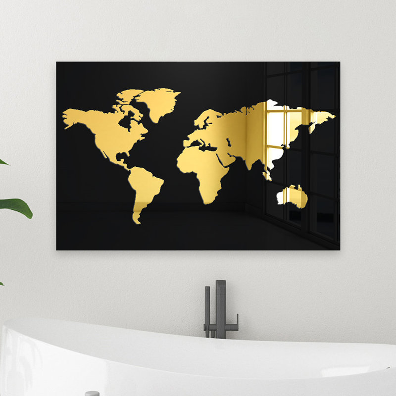 Décoration murale en acrylique carte du monde moderne, H 16 po x l 24 po x P 1 po, Noir brillant / or