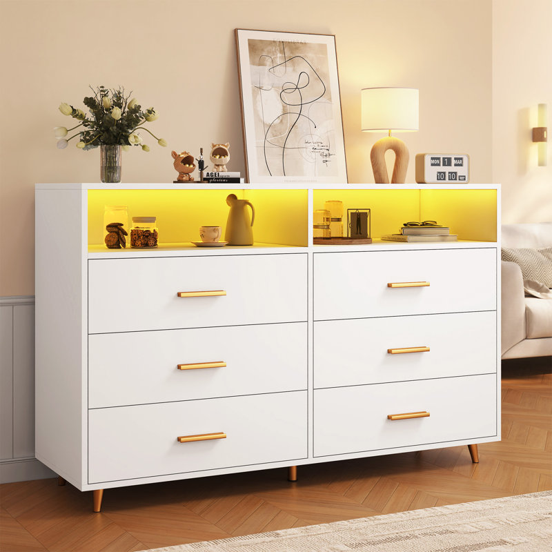 Kyrhys 6 - Drawers Bedroom Dresser, Wood Closet Dresser, Chest of Drawers with LED Light, White