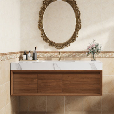 Meuble-lavabo suspendu de 122 cm (48 po) avec lavabo encastré, structure en bois massif, finition noyer, comptoir en pierre frittée blanche, meuble de rangement de salle de bain de style moderne du milieu du siècle