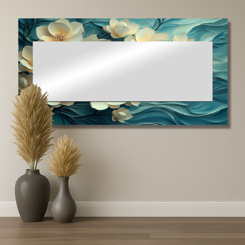 Jardin de magnolias sur Agate River I - miroir décoratif floral imprimé sur métal, 28 po x 55 po