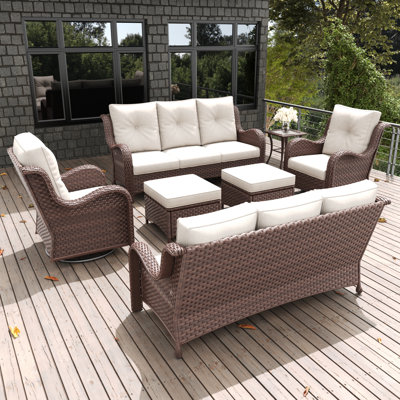  7 Pieces Outdoor Patio Furniture Set, Rattan Wicker Sectional Swivel Rocker Chairs Sets With Ottomans, Swivel Glider Chairs And Coffee Table