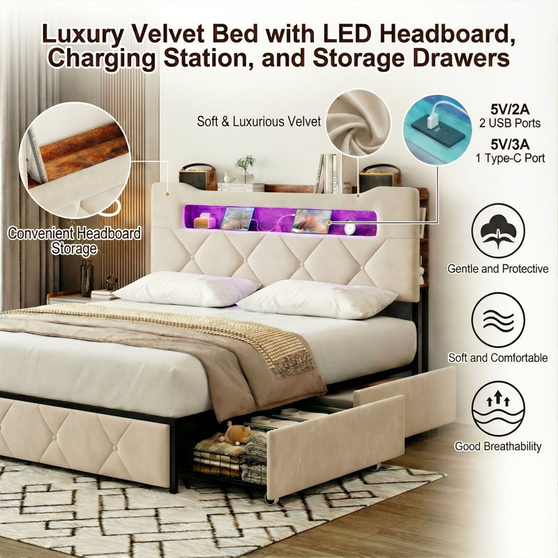 EU Double & King Velvet UPholstered Storage Bed With 4 Drawers, LED Shelf Headboard & USB-C Charging, Gre&Beige, 140/160X200cm