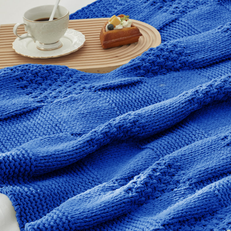 Jeté à carreaux en chenille pour lit, canapé et lit, L 50 po x L 60 po, Bleu