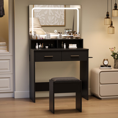 Ensemble de coiffeuse avec miroir à DEL réglable 3 couleurs, petit bureau de maquillage avec prise de courant et 2 tiroirs, coiffeuse moderne et tabouret de coussin pour la chambre à coucher (32 po x 16 po x 54 po), noir