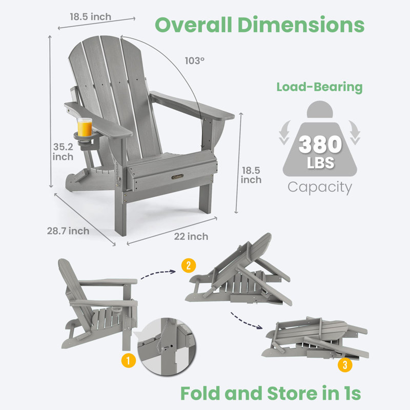 Chaise Adirondack pliante en PEHD pour patio, Gris