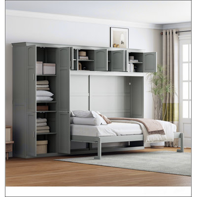 Grand lit escamotable mural avec armoires, gris