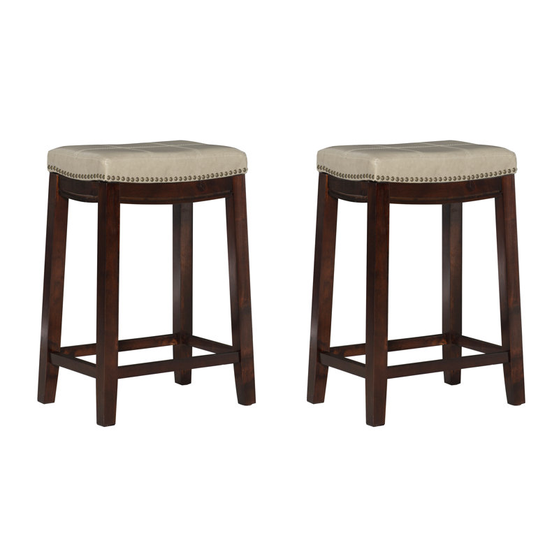 Arlyce 26.5" Solid Wood Backless Counter Stool with Vegan Leather Upholstered Seat, Beige, Counter Stool (26.5" Seat Height)