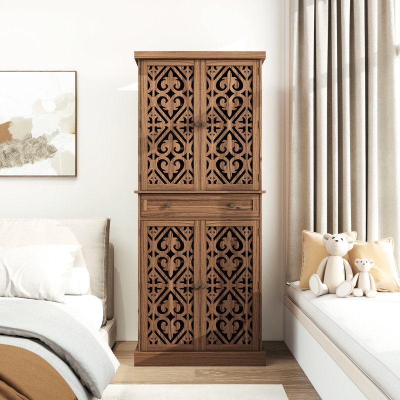 Armoire 4 portes en noyer avec 1 tiroir, capacité de 210 lb, porte à motif symétrique, tablettes intérieures réglables, résistant aux rayures, imperméable, charnière à 180 degrés, charge de 210 lb, 4 portes étincelantes, installation facile, imperméable