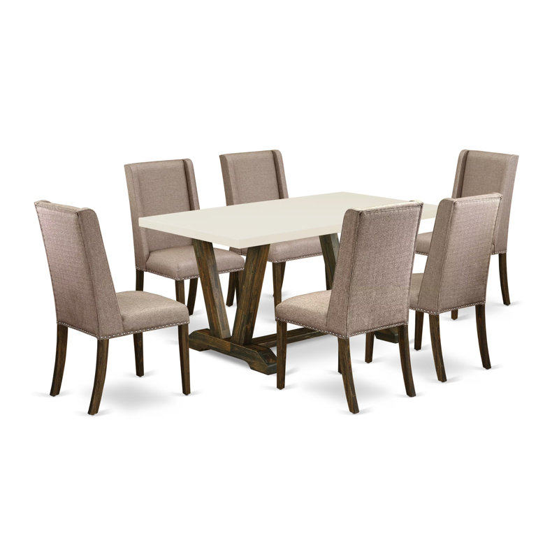 Ensemble de table de cuisine 7 pièces avec un superbe plateau de table en lin blanc cassé (blanc cassé) et 6 chaises de salle à manger rembourrées kaki foncé avec têtes de clous et dossier haut de style, finition jacobine patinée