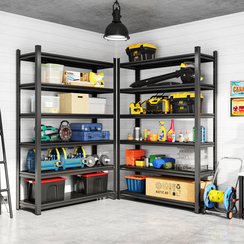 Adjustable 6 - Storey Black Metal Storage Rack For Garage, High Load Bearing, Rust Supermarket And Home Rack, Design, Black, Surface