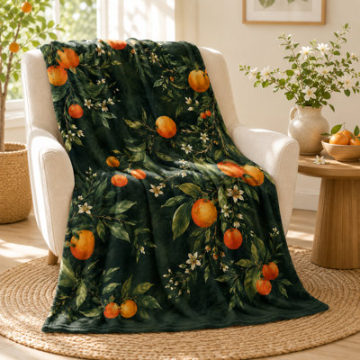 Couverture orange Grove avec agrumes, fleurs et feuilles vert foncé, jeté en flanelle botanique pour canapé, lit, chaise de lecture et détente au quotidien, 40 po x 50 po