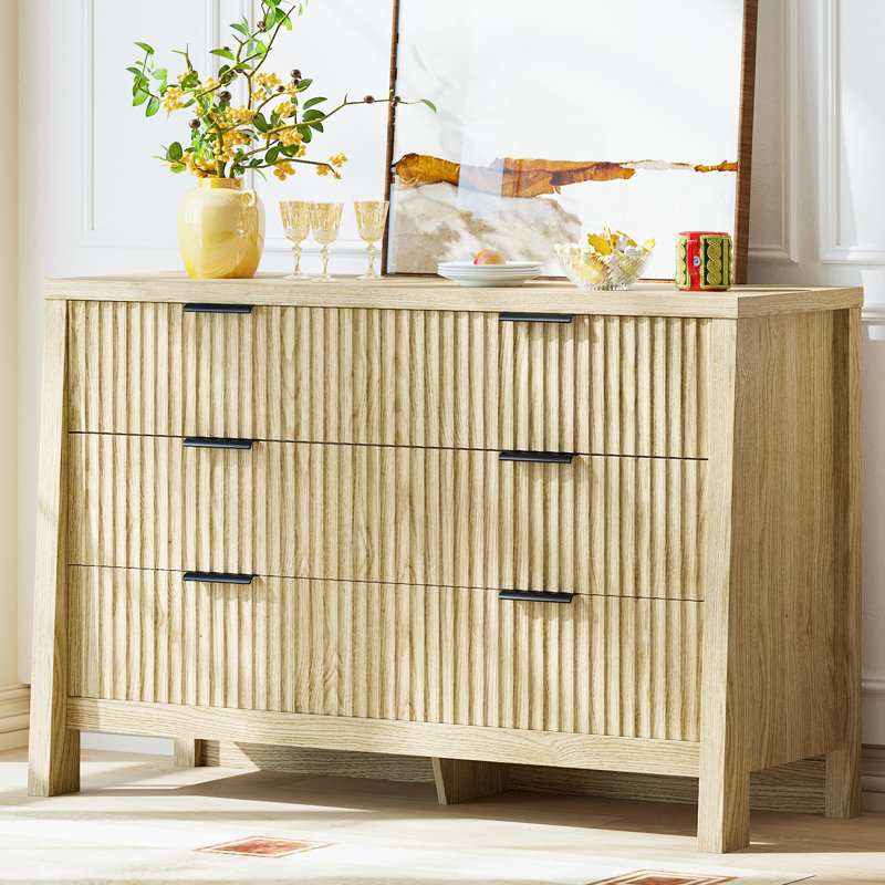 Commode 6 tiroirs cannelée pour chambre à coucher, commode moderne avec plateau imperméable, Chêne naturel