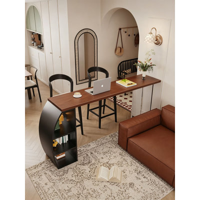 Wooden Top Bar Table With Curved Storage Cabinet